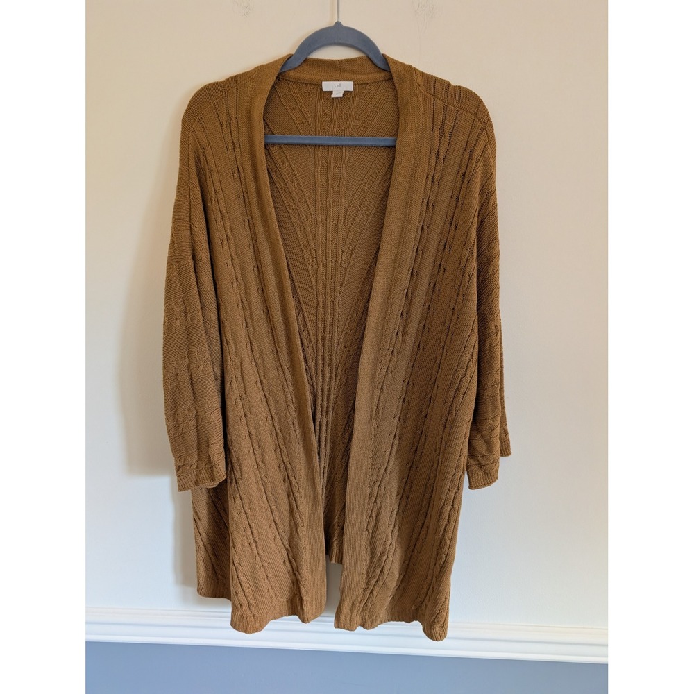 J. Jill Womens XL Camel Brown Cable Knit Pointelle Open Front Cardigan Sweater